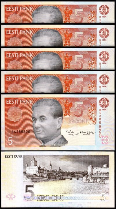 Estonia 5 Krooni 1994 (1997), UNC, 5 Pcs LOT, P-76a, Prefix BS
