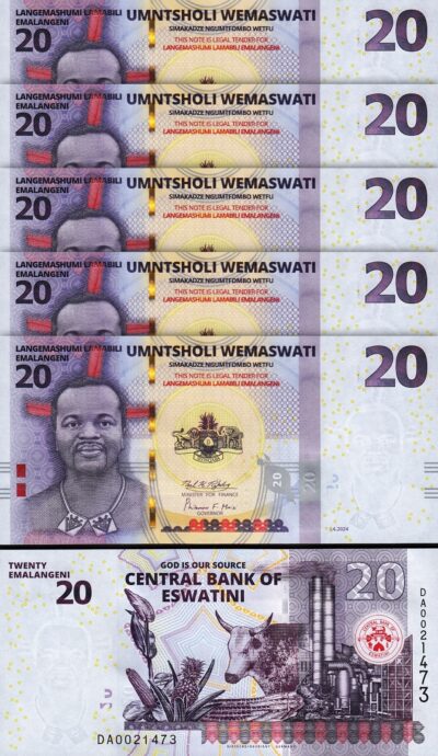 Eswatini (Swaziland) 20 Emalangeni 2024, UNC, 5 Pcs LOT, Consecutive, P-NEW