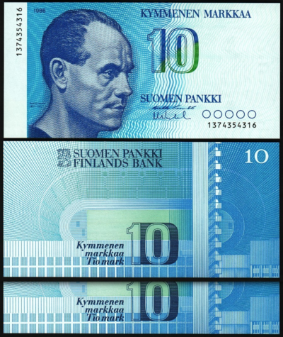 Finland 10 Markkaa 1986, UNC, 2 Pcs PAIR, Consecutive, P-113,P.Nurmi Flying Finn
