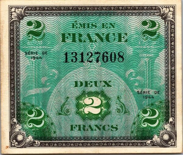 France 2 Francs 1944, aXF, P-114a , Allied Military Currency