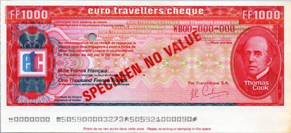 France SPECIMEN, Thomas Cook, Travellers Cheque, 1000 Francs AU, With Watermark