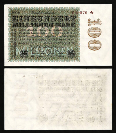 GERMANY 100000000 100 MILLION MARK 1923 aXF P.107d WATERMARK: G/D IN STARS