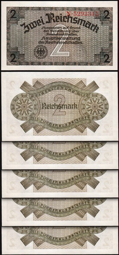 Germany 2 Reichsmark 1940 1945, UNC, 5 Pcs LOT, Consecutive, P-R137a, Watermark