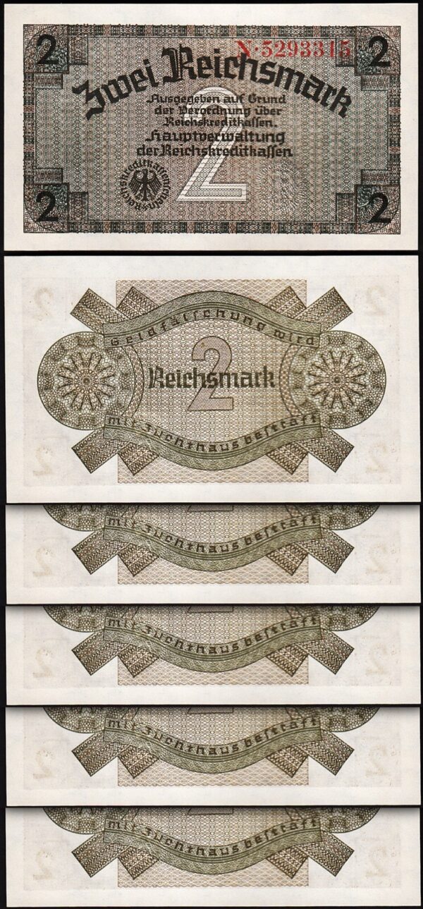 Germany 2 Reichsmark 1940 1945, UNC, 5 Pcs LOT, Consecutive, P-R137a, Watermark