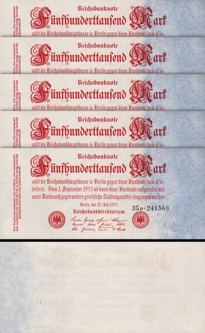 Germany 500000 500,000 Mark 1923, UNC-, 5 Pcs LOT, P-92, With Watermark