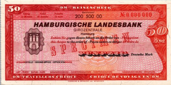 Germany SPECIMEN, Hamburgische Landesbank Travellers Cheque, 50 Marks UNC, WMK