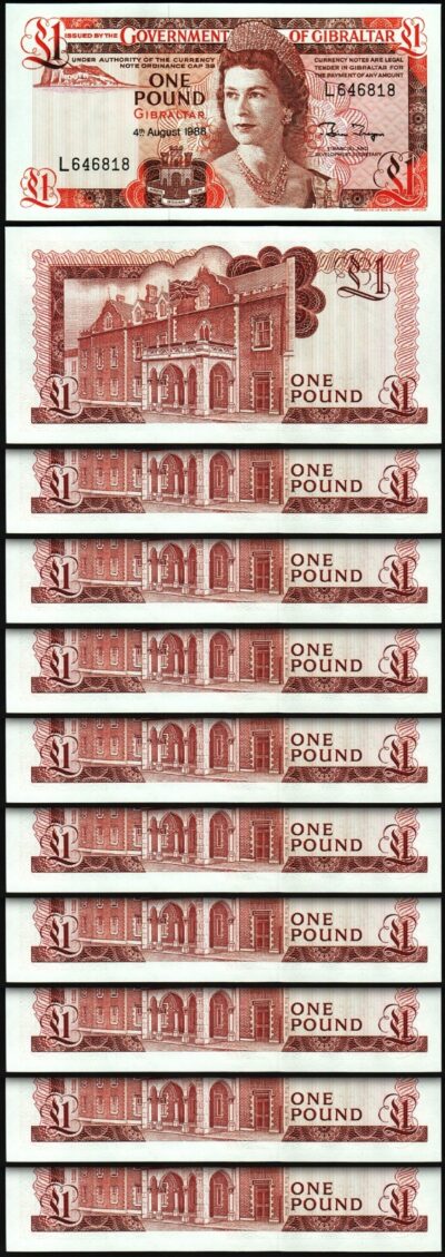 Gibraltar 1 Pound 1988, UNC, 10 Pcs LOT, Consecutive, P-20e, Que II
