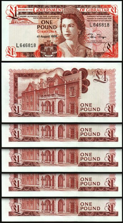 Gibraltar 1 Pound 1988, UNC, 5 Pcs LOT, Consecutive, P-20e, Que II