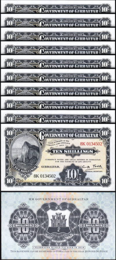 Gibraltar 10 Shillings / 50 pence 1934 - 2018, UNC, 10 Pcs LOT, P-41, Comm.