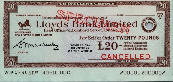 Great Britain SPECIMEN, Lloyds Bank London Travellers Cheque, 20 Pounds, aUNC