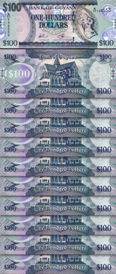 Guyana 100 Dollars 2022, UNC, 10 Pcs LOT,  P-36e