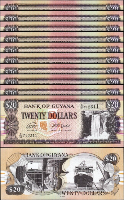 thumbnail image 2 of Six Guyana UNC Notes - Same Denominations - 1983-2018 Various Prefixes & Signatures 2 of 5