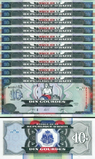 Haiti 10 Gourdes 2000, UNC-, 10 Pcs LOT, P-265a, Prefix BQ