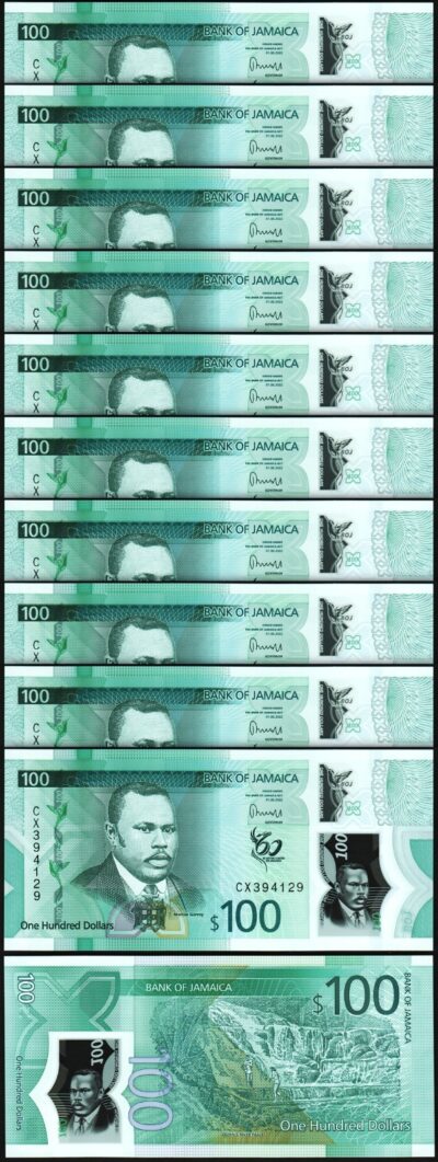 Jamaica 100 Dollars 2022 2023, UNC, 10 Pcs LOT, Polymer, P-New Design