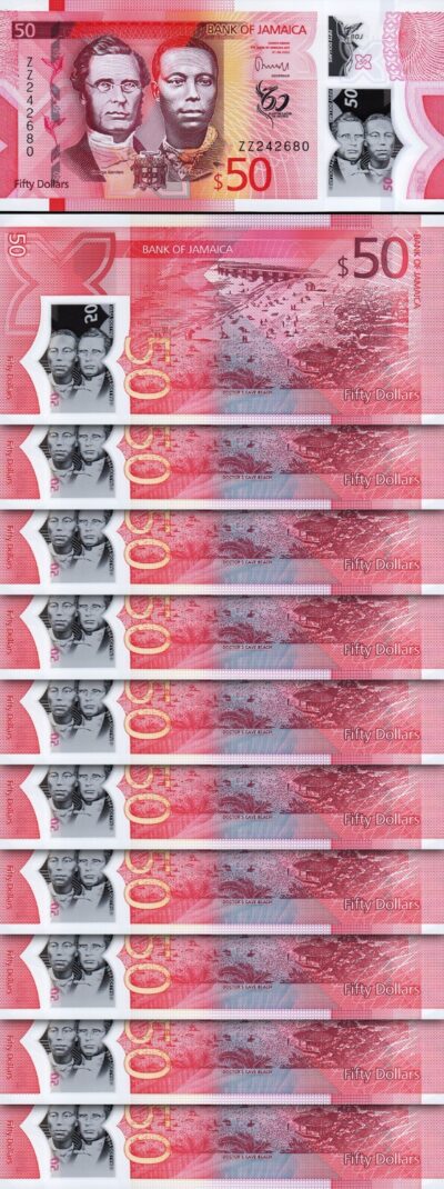 Jamaica 50 Dollars 2022 2023, UNC, 10 Pcs LOT,  REPLACEMENT ZZ, Polymer, P-96