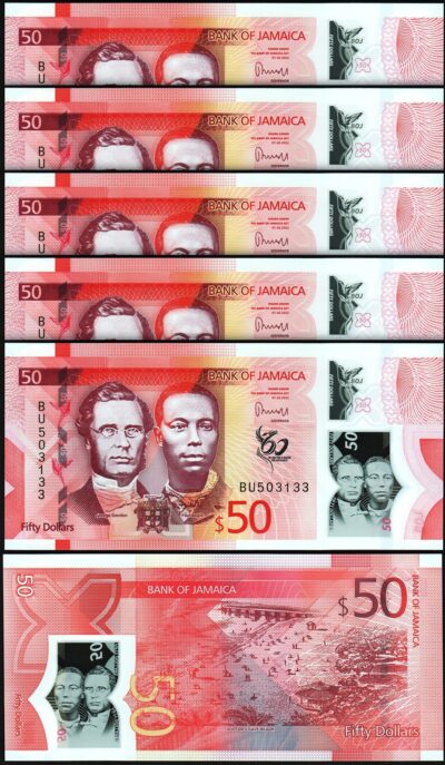 Jamaica 50 Dollars 2022 2023, UNC, 5 Pcs LOT, Consecutive, Polymer, P-New Design