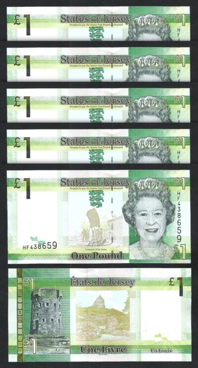 Jersey 1 Pound 2018, UNC, 5 Pcs LOT, P-32, QEII, Prefix HF, Sign RW BELL