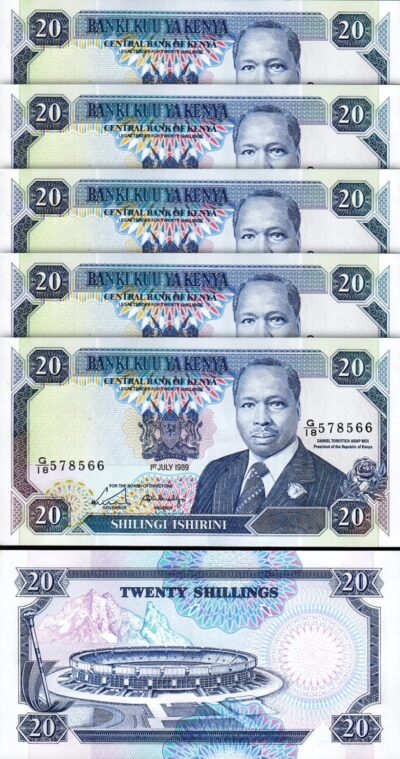 Kenya 20 Shillings 1989, UNC- 5 Pcs LOT, P-25b
