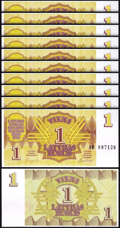 Latvia 1 Rublis 1992, UNC, 10 Pcs LOT, Consecutive, P-35, Prefix AB