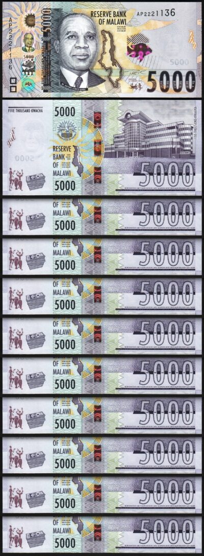 Malawi 5000 Kwacha, 2022, UNC, 10 Pcs LOT, Consecutive, P-71