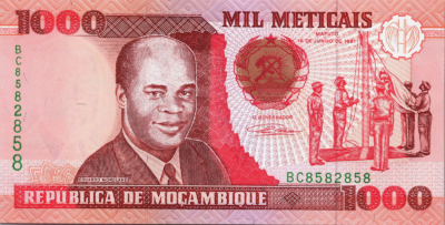 Mozambique 1000 Meticais 1991, RADAR 7 DIGIT 858 2 858, UNC, P-135