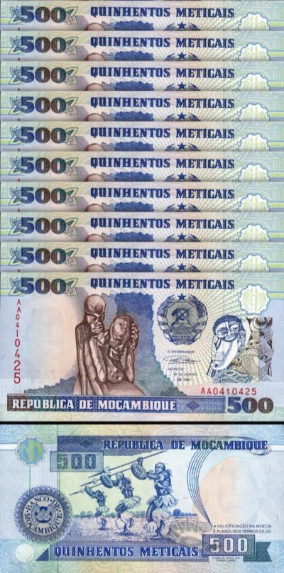Mozambique 500 Meticais, 1991, UNC-, 10 Pcs LOT, P-134, Prefix AA