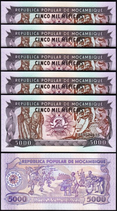 Mozambique 5000 5,000 Meticais 1989, UNC, 5 Pcs LOT, Consecutive, P-133b
