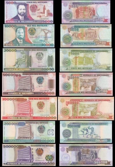 Mozambique 7 Pcs SET, 5000 to 500000 Meticais 1991 1993 2003, UNC, P-136 - P-142
