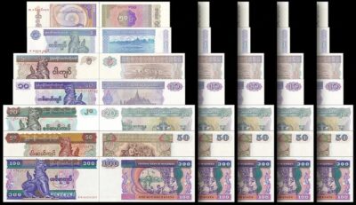 Myanmar 5 x7 Pcs UNC Set, 50 Pyas 1 5 10 20 50 100 Kyats 1994 1997, P-68 to P-74