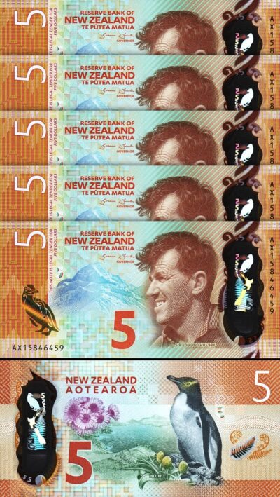 New Zealand 5 Dollars 2015, UNC, 5 Pcs LOT, Consecutive, POLYMER, P-191