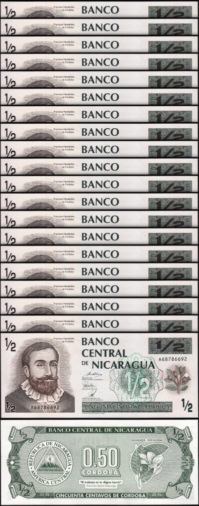 Nicaragua 1/2 (0,50) Cordoba 1992, UNC, 20 Pcs LOT, P-172