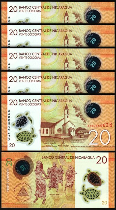 Nicaragua 20 Cordobas 2021 - 2022, UNC, 5 Pcs LOT, Polymer, P-210. Prefix AA