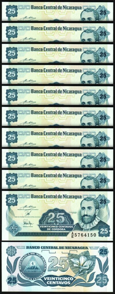 Nicaragua 25 Centavos 1991, UNC, 10 Pcs LOT, Consecutive, P-170