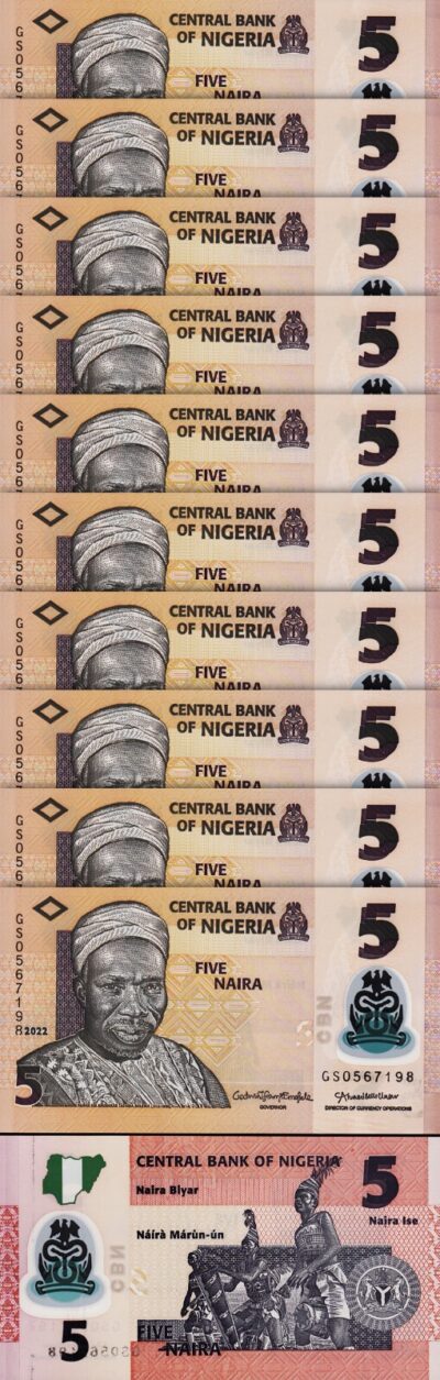 Nigeria 5 Naira 2022, UNC, 10 Pcs LOT,  P-38m, Polymer