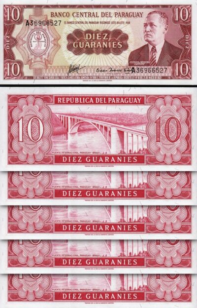 Paraguay 10 Guaranies 1952, UNC, 5 Pcs LOT, Consecutive, P 196b, Prefix A