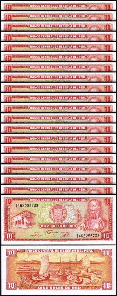 Peru 10 Soles De Oro 1976, UNC, 20 Pcs LOT, Consecutive, P-112, TDLR