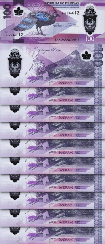 Philippines 100 Piso 2024 2025, UNC, 10 Pcs LOT, POLYMER, P-238, NEW DESIGN