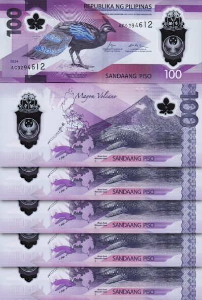Philippines 100 Piso 2024 2025, UNC, 5 Pcs LOT, POLYMER, P-238, NEW DESIGN