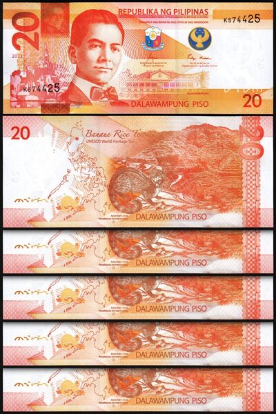 Philippines 20 Piso 2023, UNC, 5 Pcs LOT,  P-New