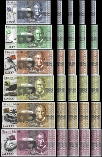 Pitcairn Islands 5 x 6 PCS UNC SET 100 200 500 1000 5000 10000 £, 2025 K. George