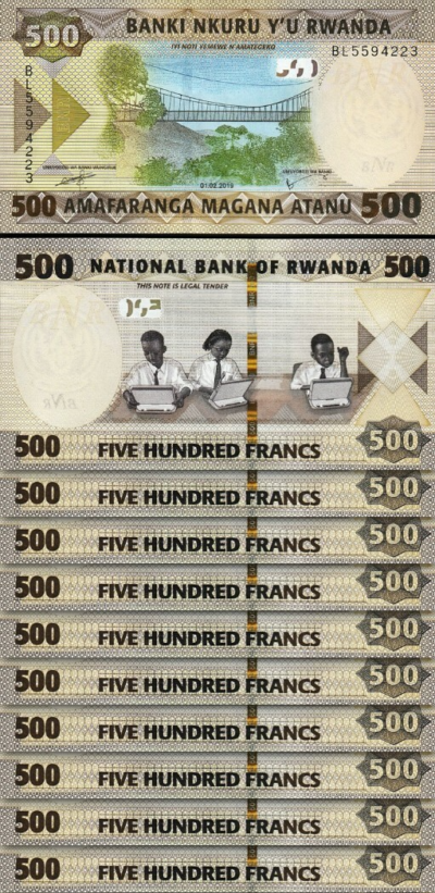 Rwanda 500 Francs 2019, UNC, 10 Pcs LOT, Consecutive, P-42