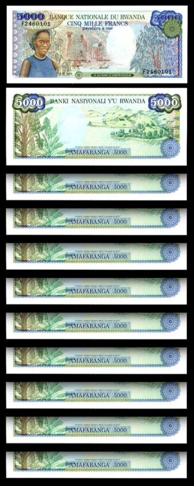 Rwanda 5000 Francs 1988, UNC, 10 Pcs Consecutive LOT, P-22a, Prefix F