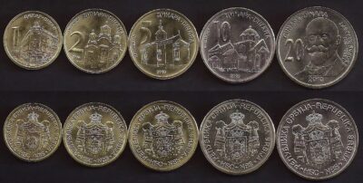 Serbia 5 PCS Coin SET, UNC, 1 2 5 10 20 Dinara 2010 2024