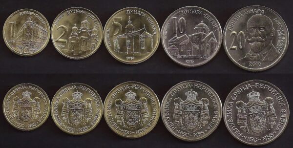 Serbia 5 PCS Coin SET, UNC, 1 2 5 10 20 Dinara 2010 2024