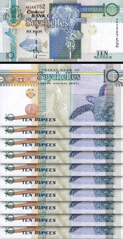 Seychelles 10 Rupees 1998, UNC, 10 Pcs LOT, Consecutive, P-36a, First Sign