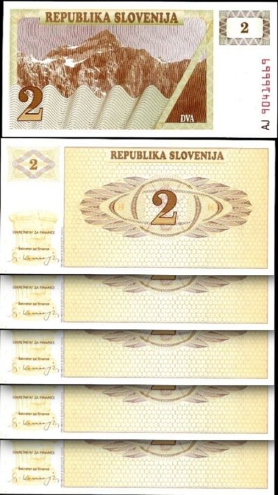 Slovenia  2 Tolarjev 1990, UNC- 5 Pcs LOT, P-2, First Issue