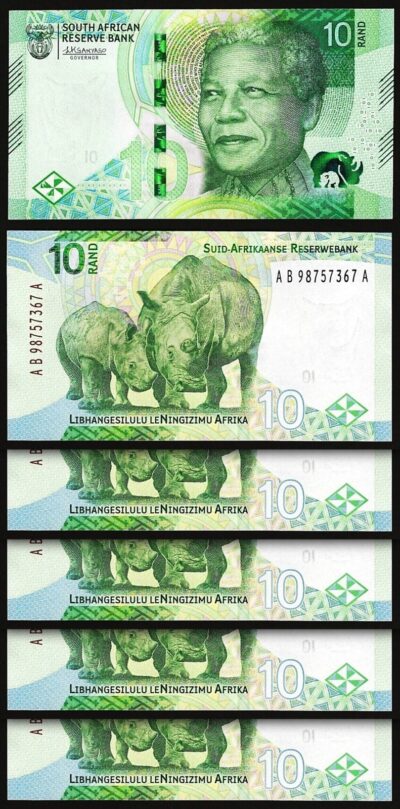 South Africa 10 Rand 2023, UNC, 5 PCS LOT, P-148 Nelson Mandela