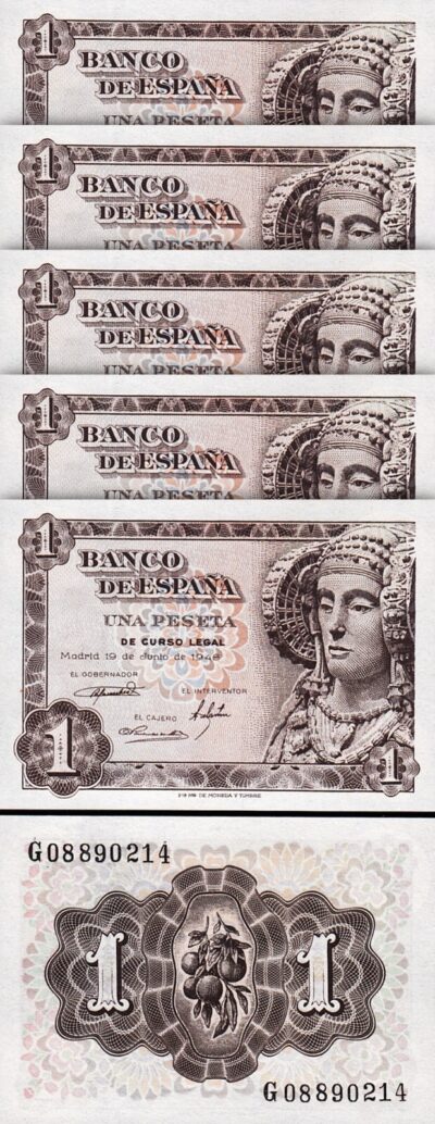 Spain Espana 1 Peseta 1948, UNC, 5 Pcs LOT, Consecutive, P-135