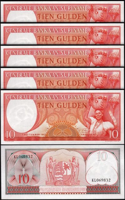 Surinam, Suriname 10 Gulden 1963, UNC, 5 Pcs LOT, P-121