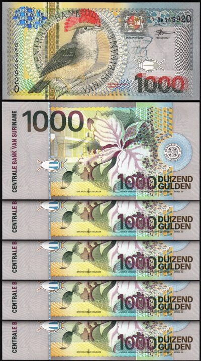 Surinam Suriname 1000 Gulden 2000, UNC, 5 Pcs LOT, Consecutive, P-151